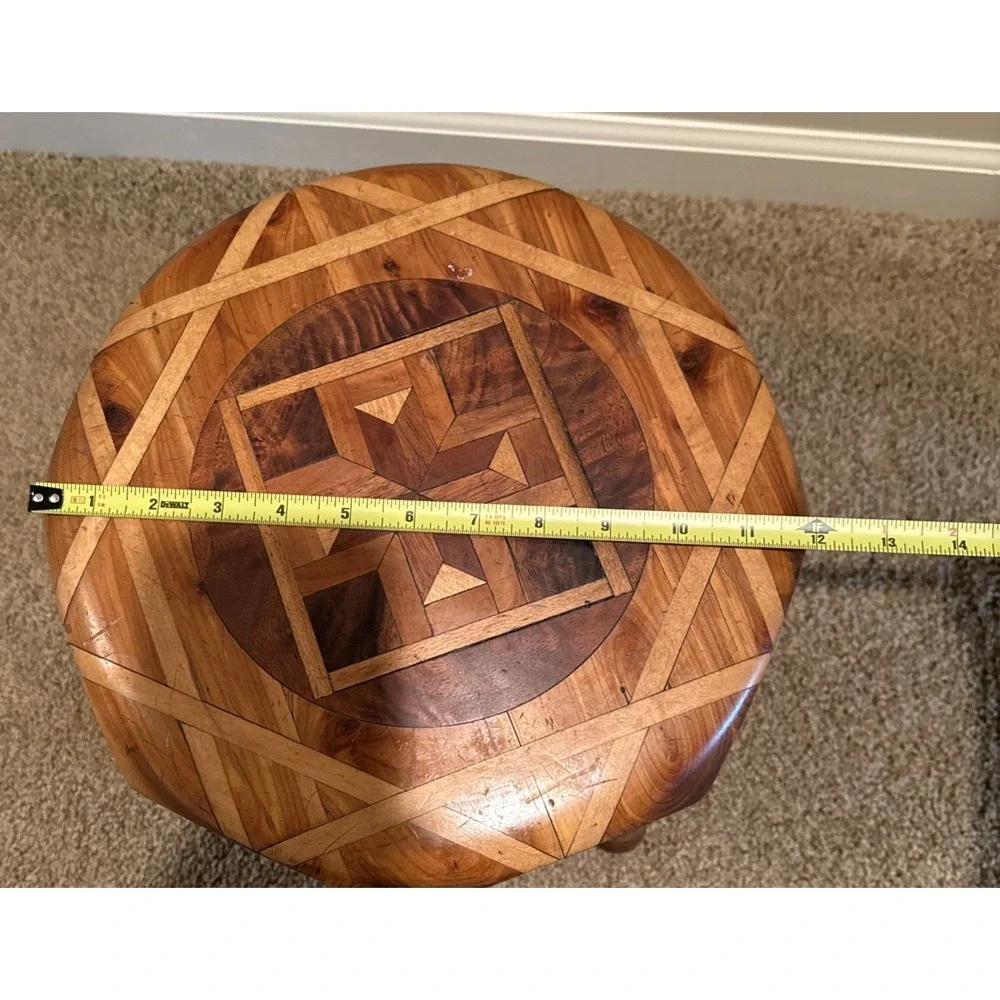 VTG Inlaid Wood Footstool Marquetry Geometric Pattern MCM 10.5